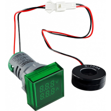 Квадратний цифровий вимірювач струму+напруги  ED16-22 FVAD 0-100A, 50-500В (зелений)