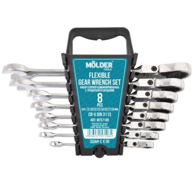 Набір ключів комбінованих MOLDER з трещіткою та карданом CR-V, 8шт 8-19 мм 72-зуб